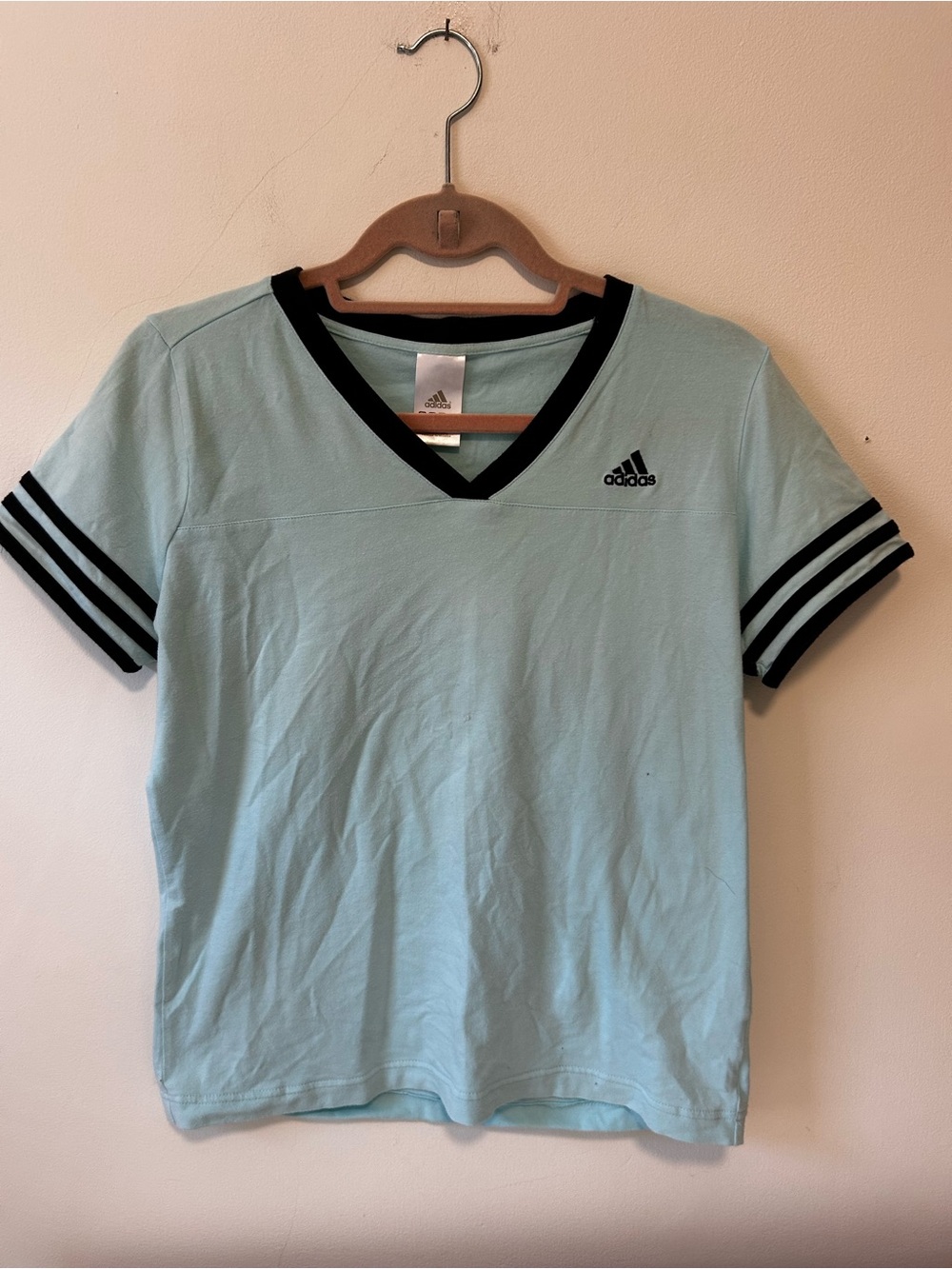 adidas Light Blue V-Neck Tee with Black Trim and Sleeve Stripes